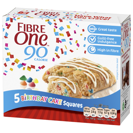A box of 5 Fibre One 90 Calorie birthday cake squares.