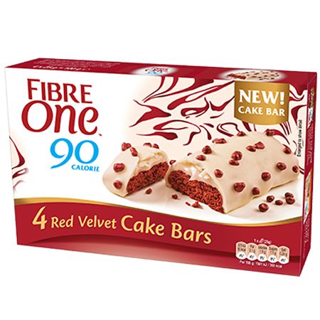 A box of 4 Fibre One 90 Calorie red velvet cake bars.
