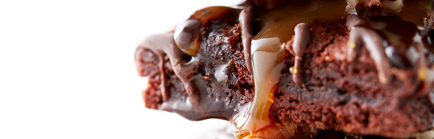 Close up caramel chocolate brownie.