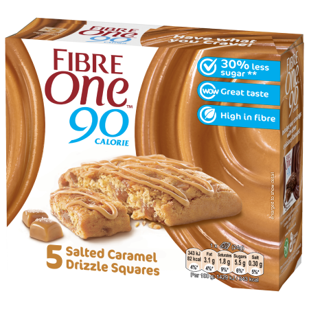 A box of 5 Fibre One 90 Calorie salted caramel drizzle squares.